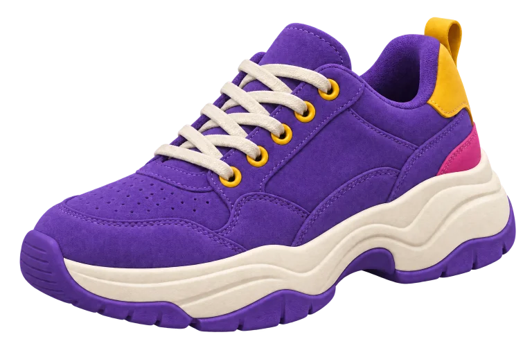 Tênis roxo, amarelo e creme